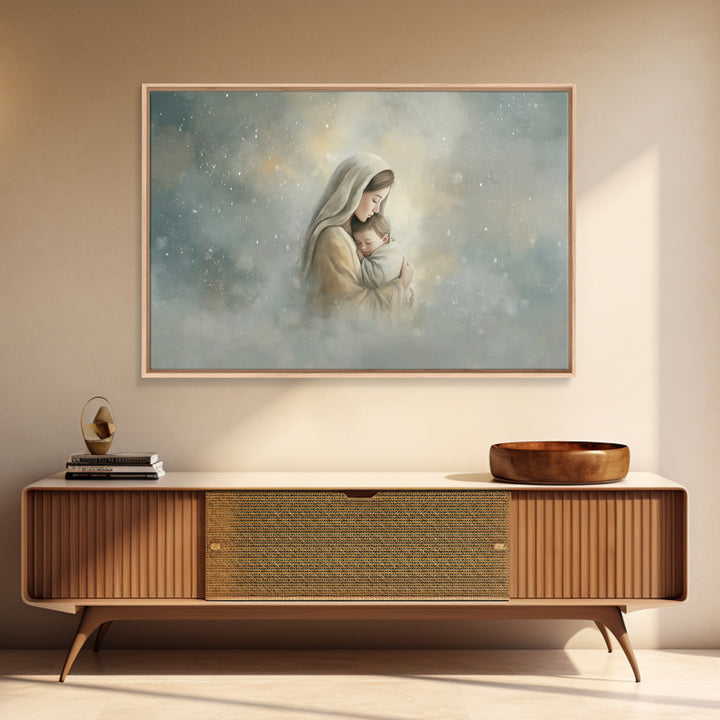 Heavenly Embrace | Framed Canvas Print | Christian Art Canvas | Christian Wall Art | Christian Art | Mary And Jesus Painting