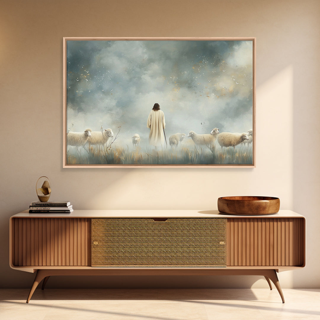 Heavenly Shepherd Light – Framed Canvas Print – Christian Wall Art – Jesus Painting – Christian Art Canvas – Modern Christian Art – Christi