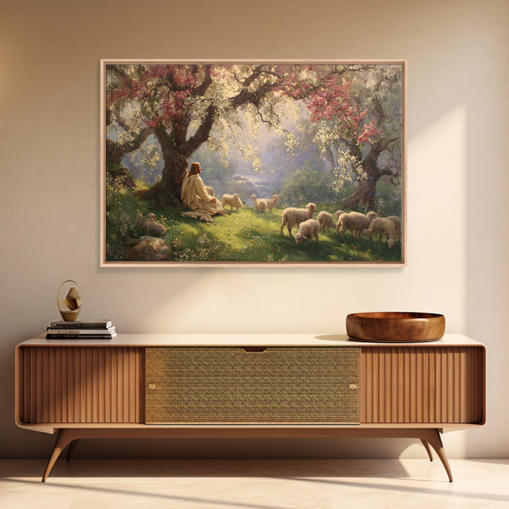 Pastoral Dawn Peace – Framed Canvas Print – Jesus Painting – Christian Wall Art – Christian Art Canvas – Christian Christmas Art – Christia