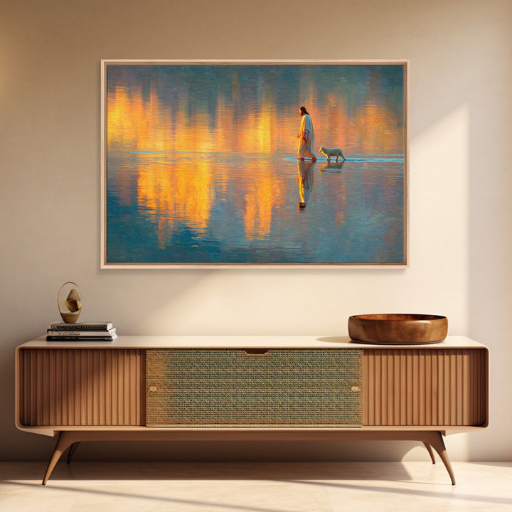 Golden Dawn Reflections | Framed Canvas Print | Christian Wall Art | Jesus Painting | Christian Art Canvas | Modern Christian Art | Christi