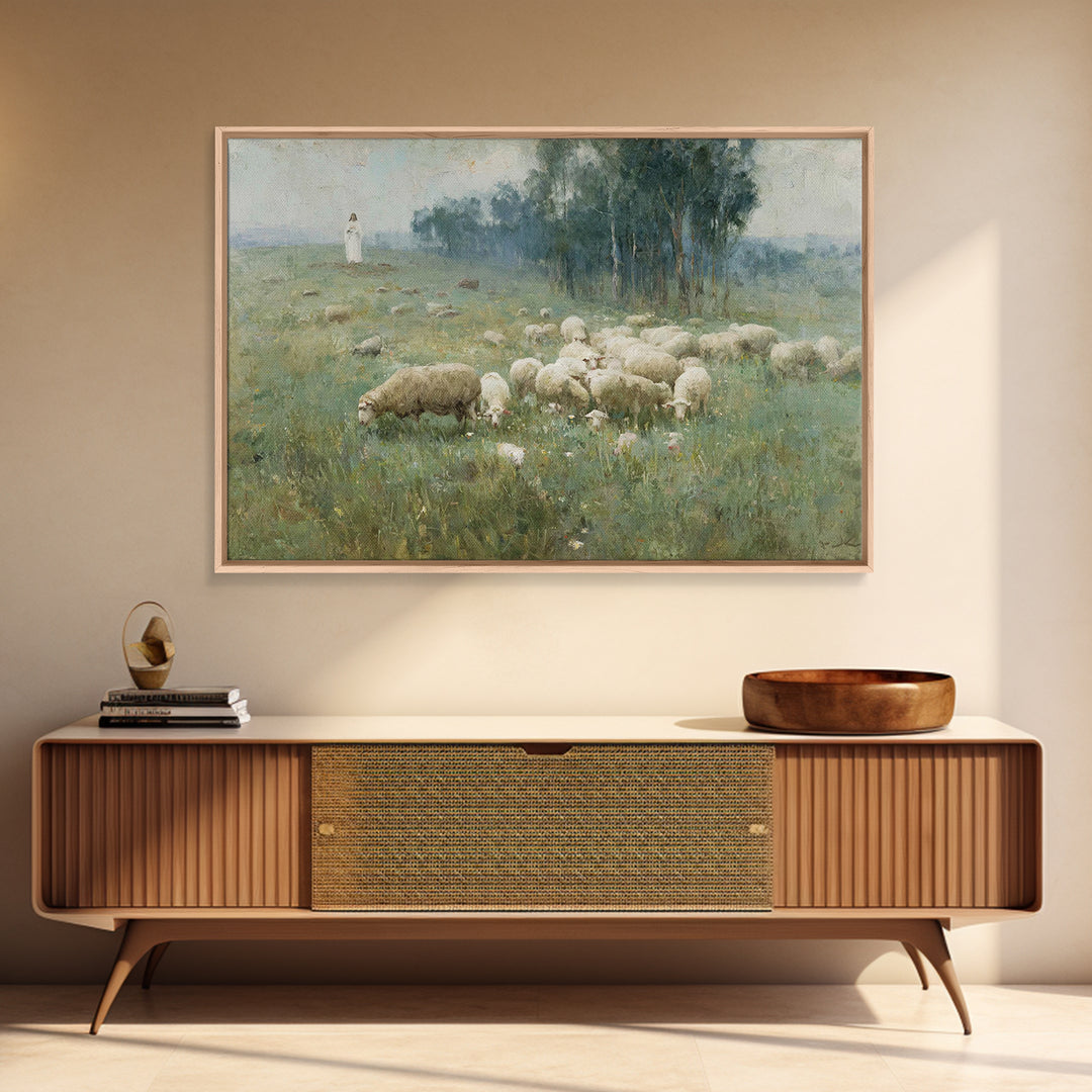 Hillside Shepherd Calm | Framed Canvas Print | Christian Art Print | Christian Wall Art | Jesus Painting | Vintage Christian Art | Christia