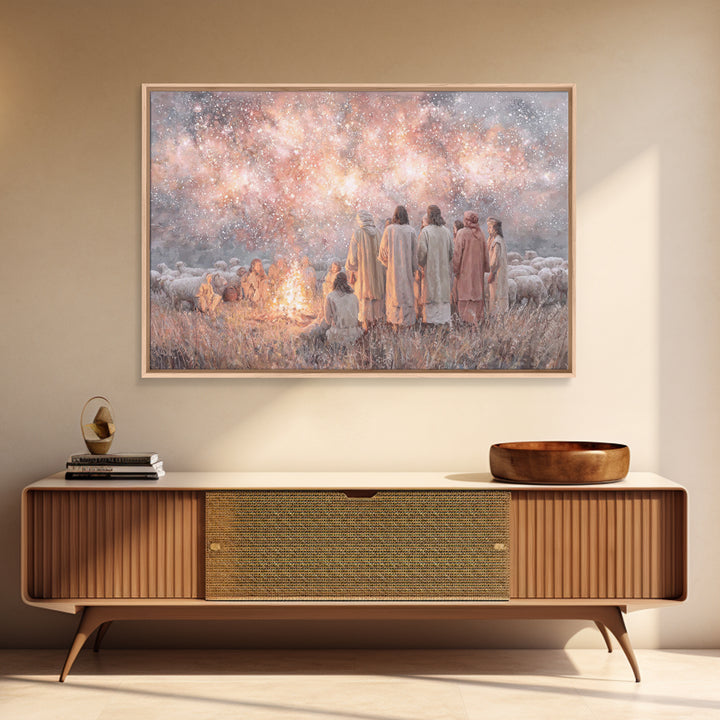 Celestial Gathering Light, Framed Canvas Print, Christian Wall Art, Christian Art Canvas, Christian Christmas Art, Jesus Painting, Modern C