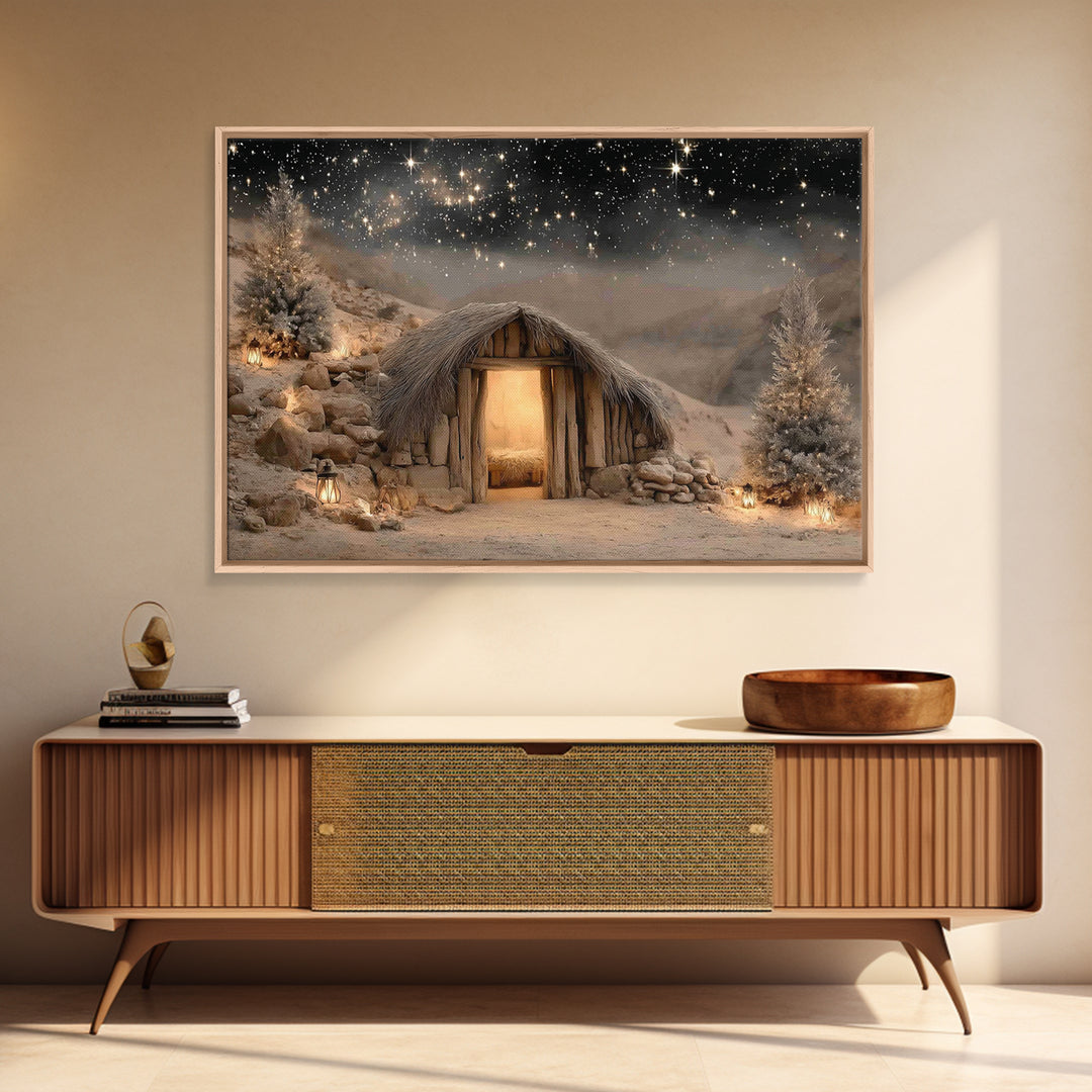 Starry Stable Wonder – Framed Canvas Print – Christian Christmas Art – Christmas Canvas Wall Art – Christian Decor – Christian Art Canvas –