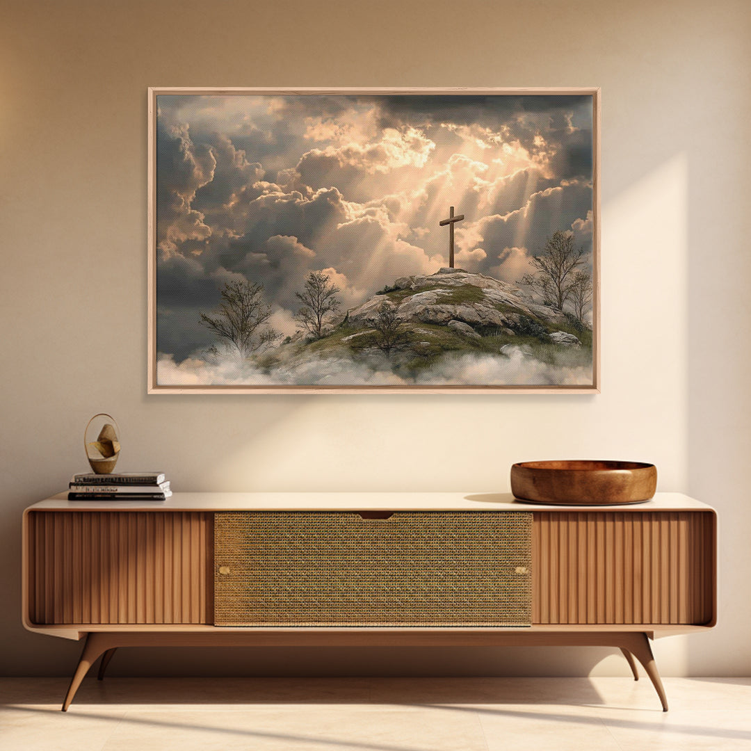 Hilltop Grace Light – Framed Canvas Print – Christian Wall Art – Large Christian Art – Christian Art Painting – Moody Christian Art