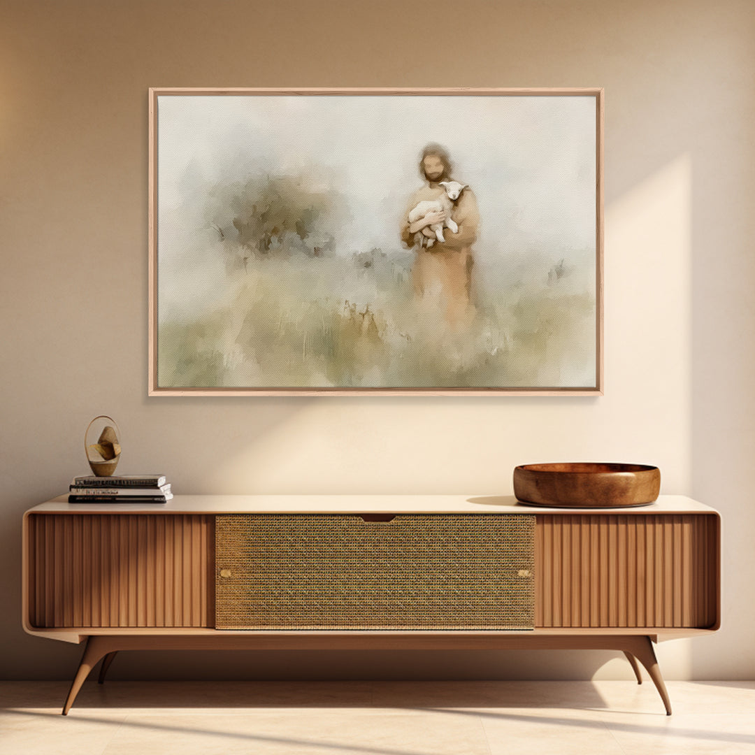 Soft Meadow Shepherd – Framed Canvas Print – Minimalist Christian Art – Christian Wall Art – Christian Art Canvas – Subtle Christian Painti