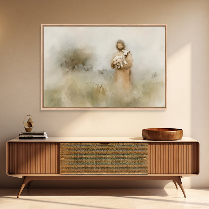 Soft Meadow Shepherd – Framed Canvas Print – Minimalist Christian Art – Christian Wall Art – Christian Art Canvas – Subtle Christian Painti
