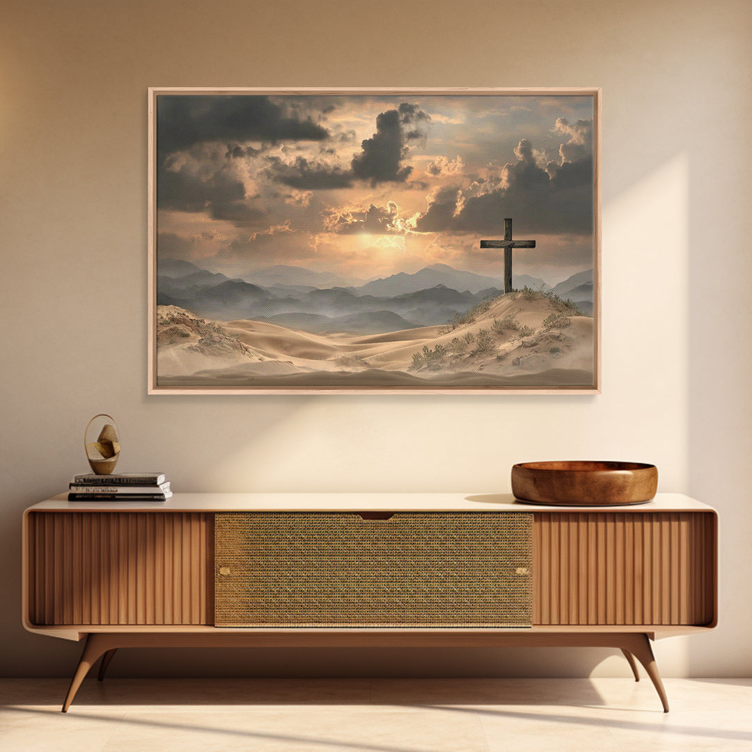 Desert Cross Stillness, Framed Canvas Print, Christian Wall Art, Christian Art Painting, Moody Christian Art, Christian Art Canvas, Jesus P