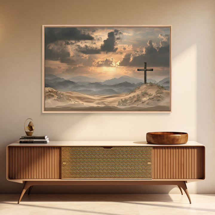 Desert Cross Stillness, Framed Canvas Print, Christian Wall Art, Christian Art Painting, Moody Christian Art, Christian Art Canvas, Jesus P