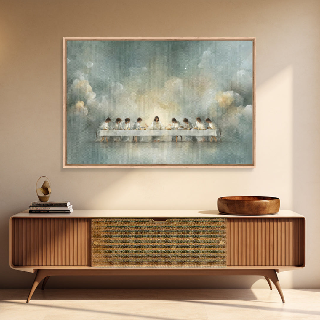 Celestial Supper Peace – Framed Canvas Print – Christian Art Print – Abstract Christian Art – Christian Wall Art – Jesus Painting – White C