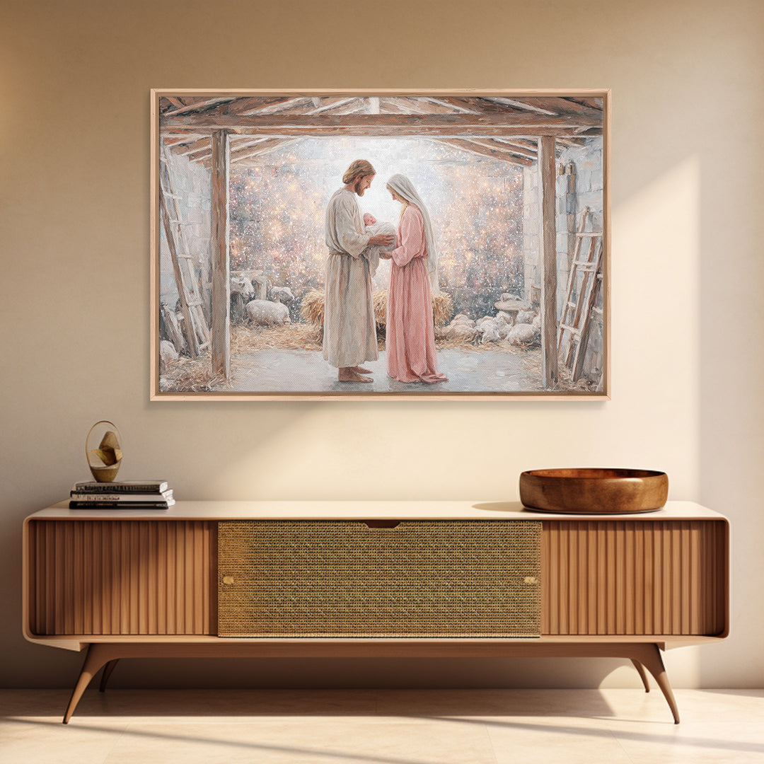 Holy Nativity Light | Framed Canvas Print | Christian Art Canvas | Christmas Art | Christian Wall Art | Jesus Christmas Art | Christian Gif