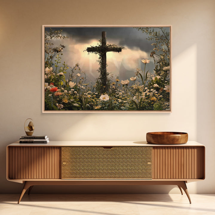 Cross Of Renewal – Framed Canvas Print – Christian Wall Art – Christian Art Canvas – Christian Paintings – Floral Christian Art – Christian