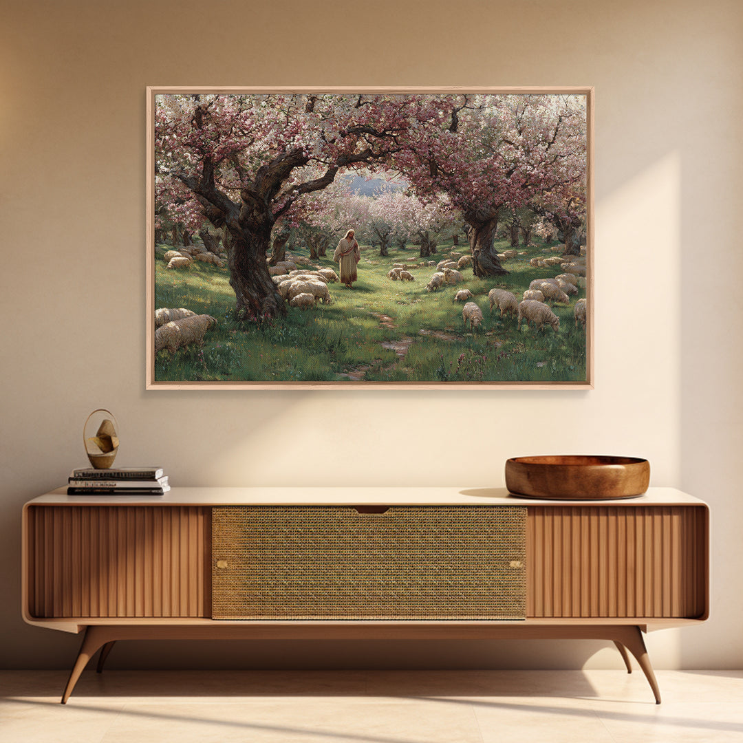 Shepherd’s Garden – Framed Canvas Print – Jesus Painting – Christian Wall Art – Christian Art Canvas – Pastoral Scenery – Christian Christm