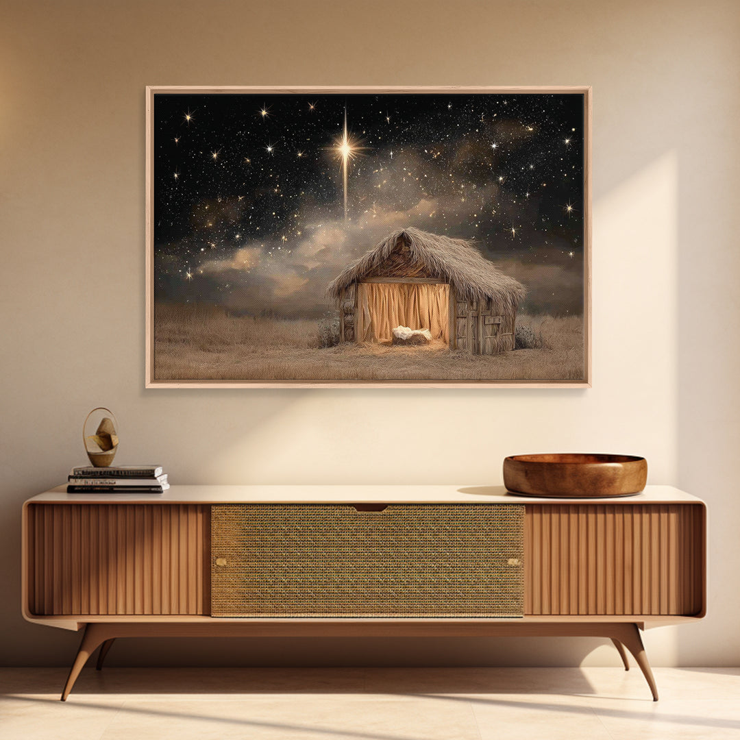 Mountain Chapel Night, Framed Canvas Print, Christian Art Canvas, Christian Wall Art, Christmas Art Framed, Modern Christian Art