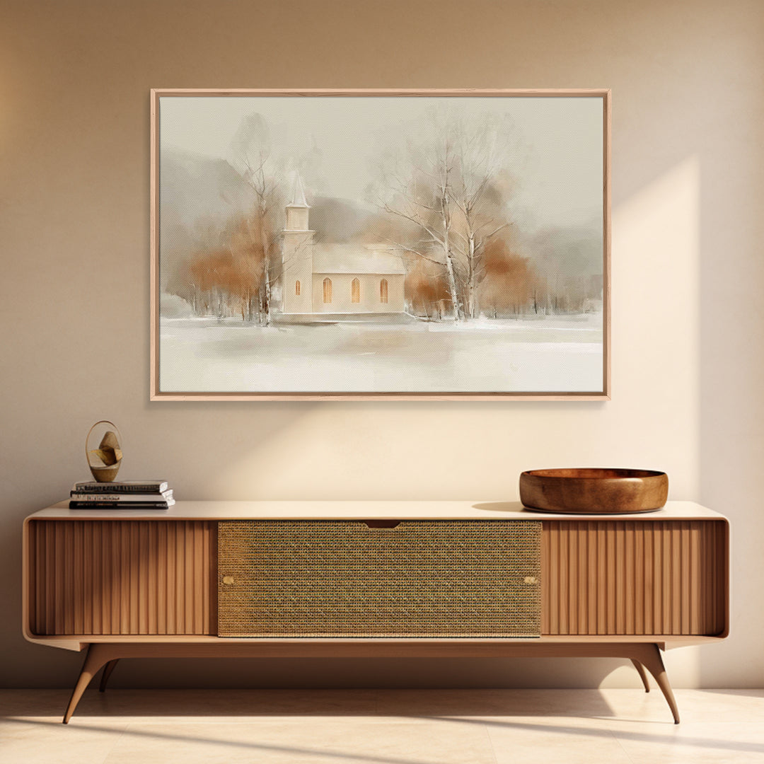 Winter Chapel Light, Framed Canvas Print, Christmas Art Prints, Christian Wall Art, Christian Christmas Decor, Modern Christmas Art, Framed