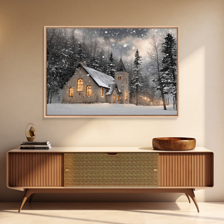 Frosted Sanctuary – Framed Canvas Print – Christian Wall Art – Christmas Canvas Wall Art – Christian Christmas Art – Moody Christmas Art –
