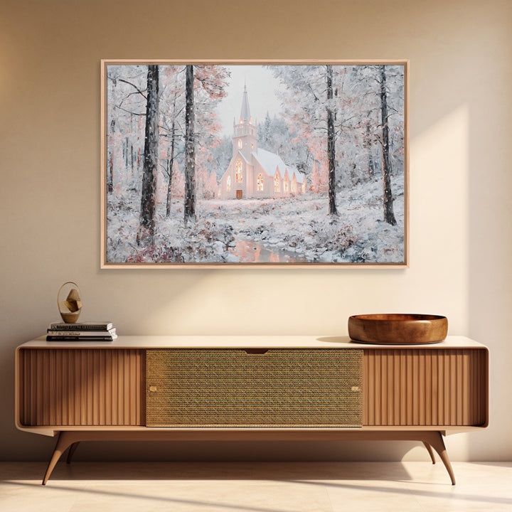 Winter Chapel Glow – Framed Canvas Print – Christian Wall Art – Christmas Art Prints – Christian Christmas Decor – Modern Christmas Art – C