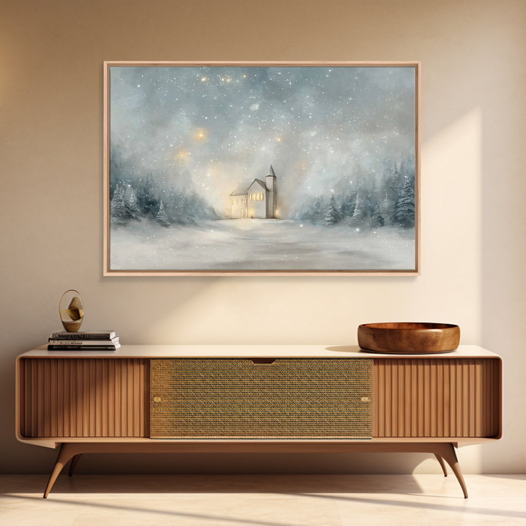 Starry Night Sanctuary, Framed Canvas Print, Christian Wall Art, Christmas Canvas Wall Art, Moody Christmas Art, Christian Christmas Decora