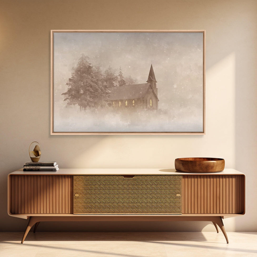 Misty Chapel Grace | Framed Canvas Print | Christian Wall Art | Christian Art Painting | Christmas Art Prints | Christian Decoration | Mode