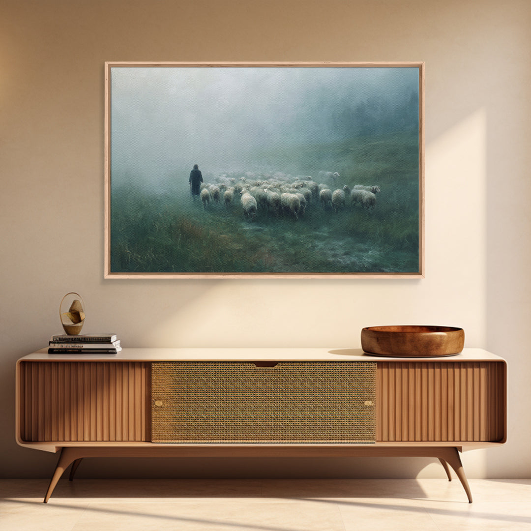 Misty Pasture Dawn, Framed Canvas Print, Christian Wall Art, Moody Christian Art, Christian Christmas Art, Christian Art Canvas, Subtle Chr