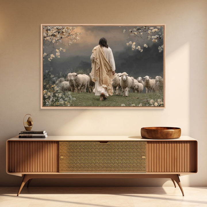 Graceful Pasture Walk | Framed Canvas Print | Jesus Painting | Christian Art Canvas | Christian Wall Art | Christian Gift | Modern Christia