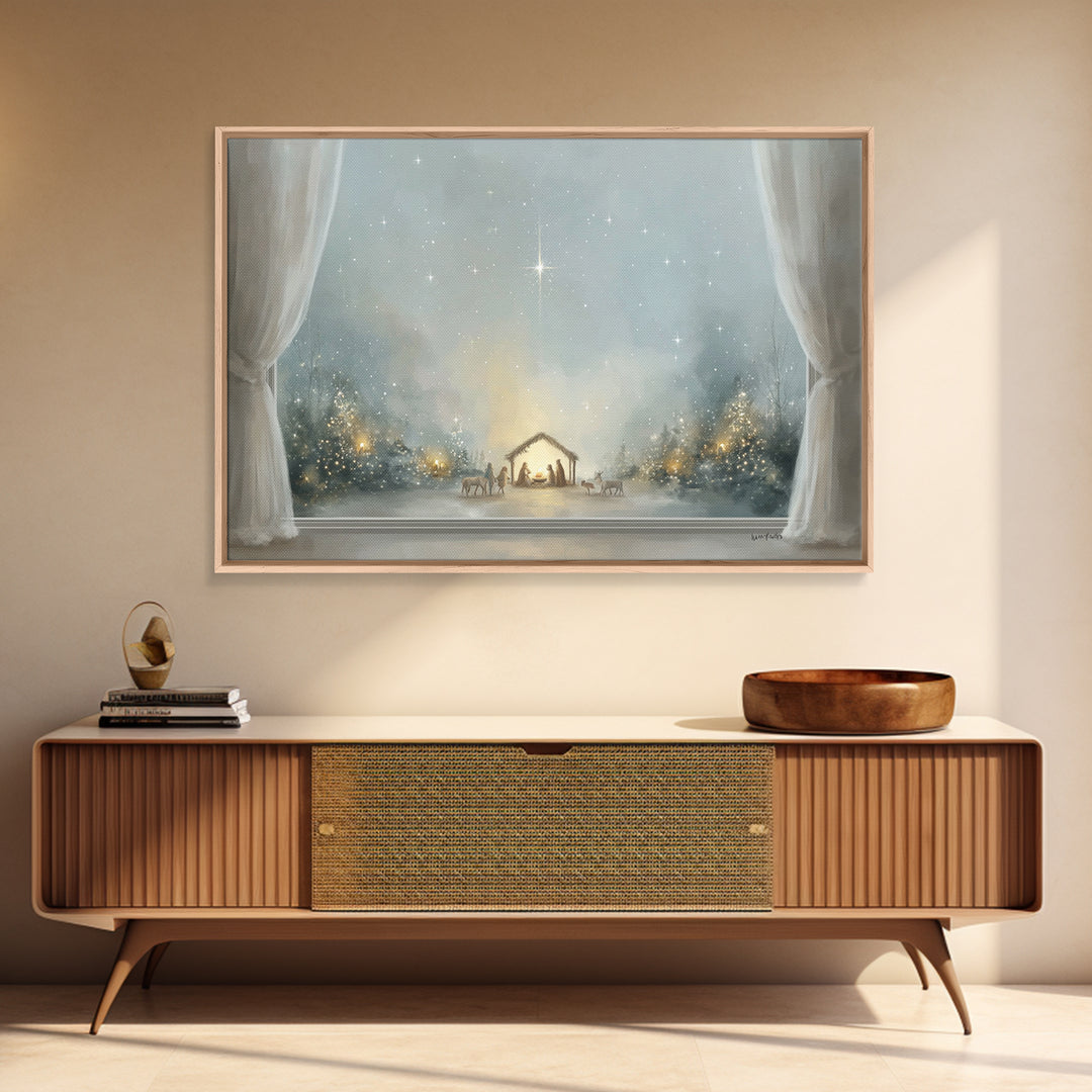 Blessed Nativity Glow – Framed Canvas Print – Christian Art Canvas – Christmas Art – Christian Wall Art – Jesus Painting – Christian Christ