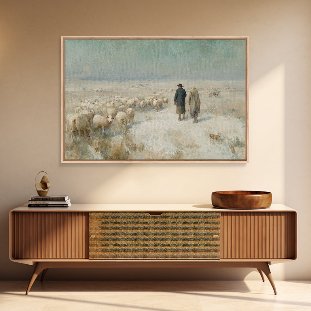 Shepherds At Dawn – Framed Canvas Print – Christian Wall Art – Christian Art Canvas – Christian Christmas Art – Pastoral Scenery