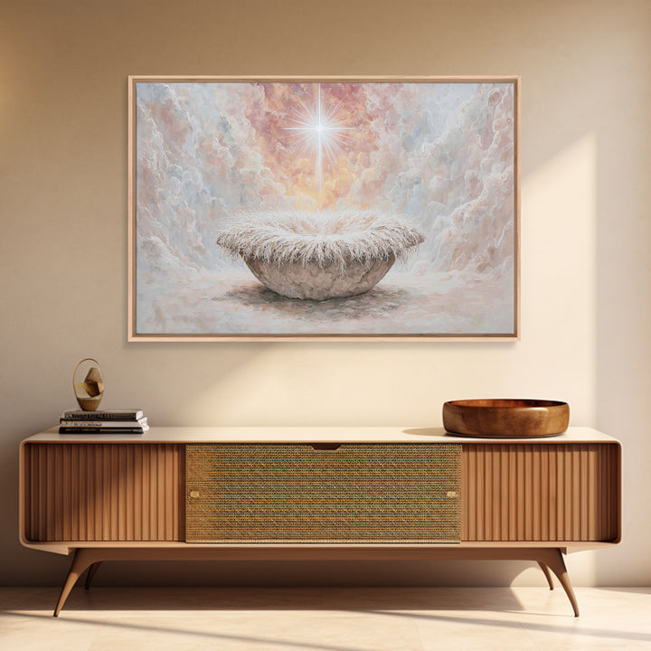 Heavenly Cradle Glow – Framed Canvas Print – Christian Art Canvas – Framed Christian Art – Christmas Wall Art – Vintage Christmas Art