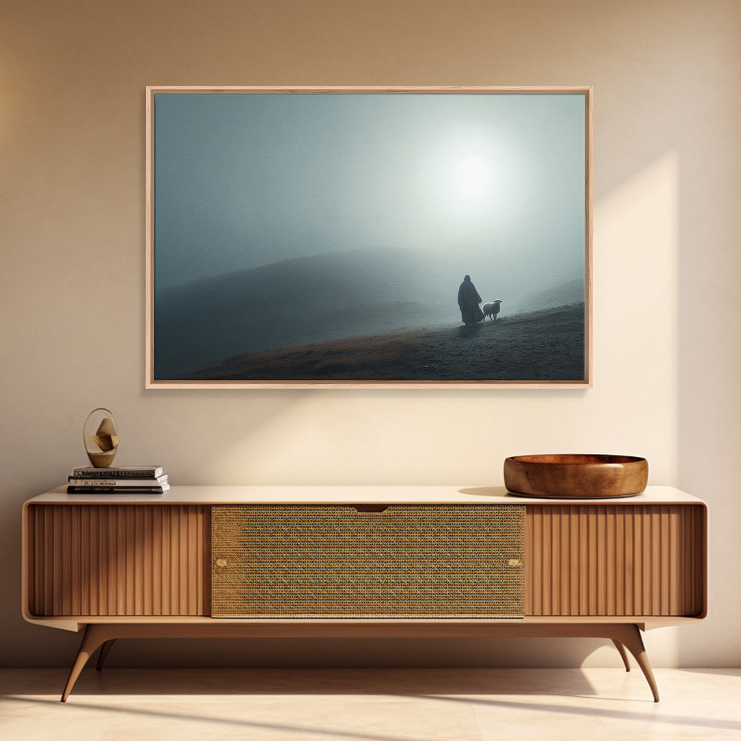 Misty Valley Shepherd – Framed Canvas Print – Christian Art Painting – Christian Decor – Blue Christian Art – Large Jesus Wall Art