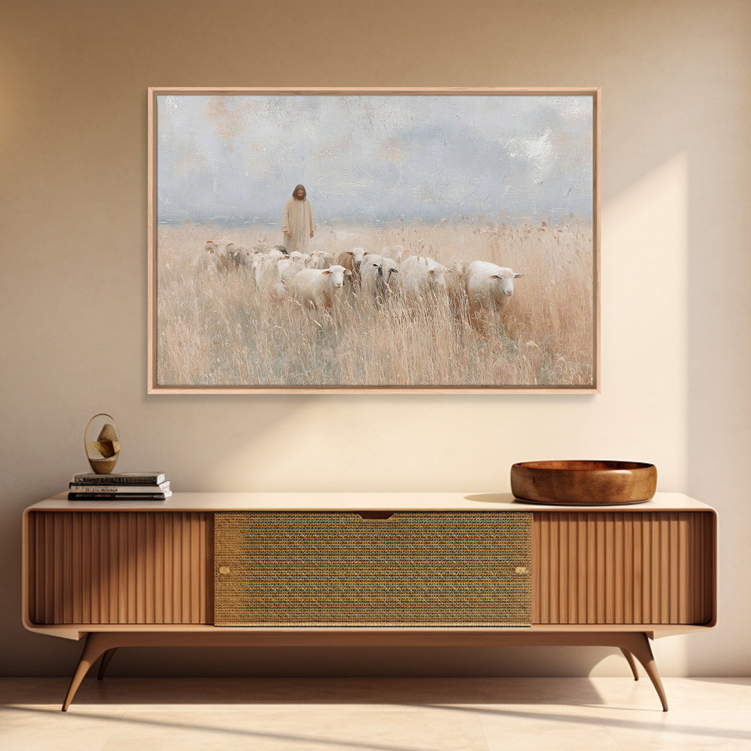 Golden Field Shepherd, Framed Canvas Print, Christian Art Canvas, Jesus Painting, Christian Wall Art, Christian Art Gift, Large Christian A