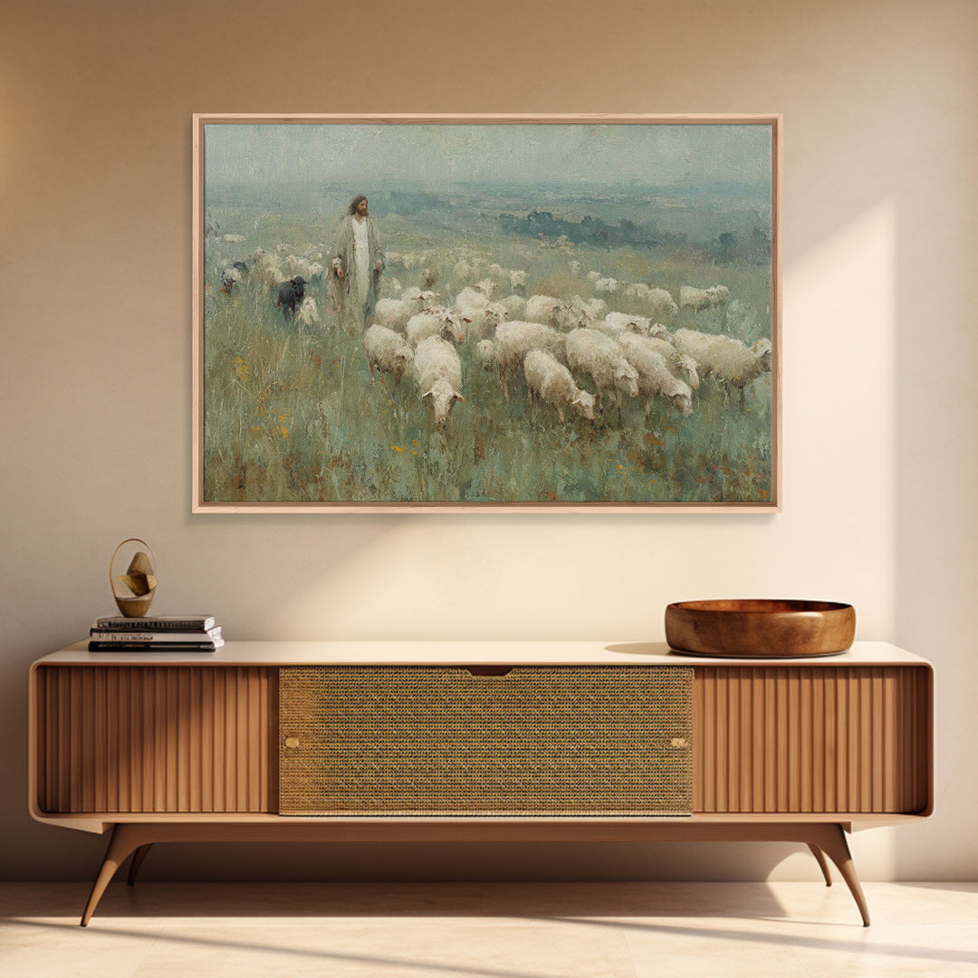 Pasture Of Mercy – Framed Canvas Print – Jesus Painting – Christian Wall Art – Christian Art Canvas – Vintage Christian Art – Christian Gif