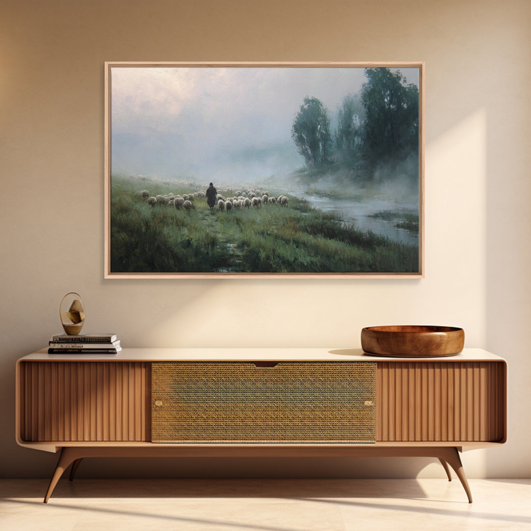 Misty River Flock | Framed Canvas Print | Christian Wall Art | Christian Painting | Christian Art Canvas | Subtle Christian Art | Christian