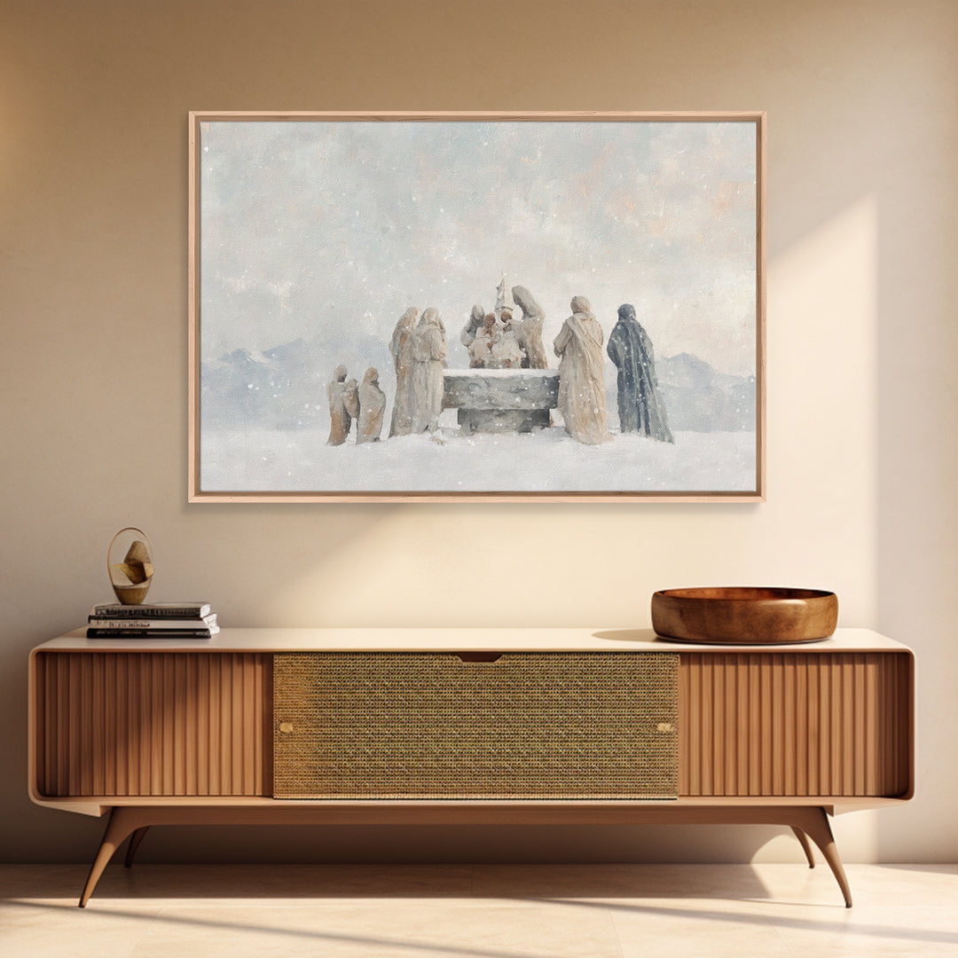 Snowfall Reverence – Framed Canvas Print – Christian Wall Art – Christian Art Canvas – Christmas Art – Jesus Christmas Art – Christian Gift