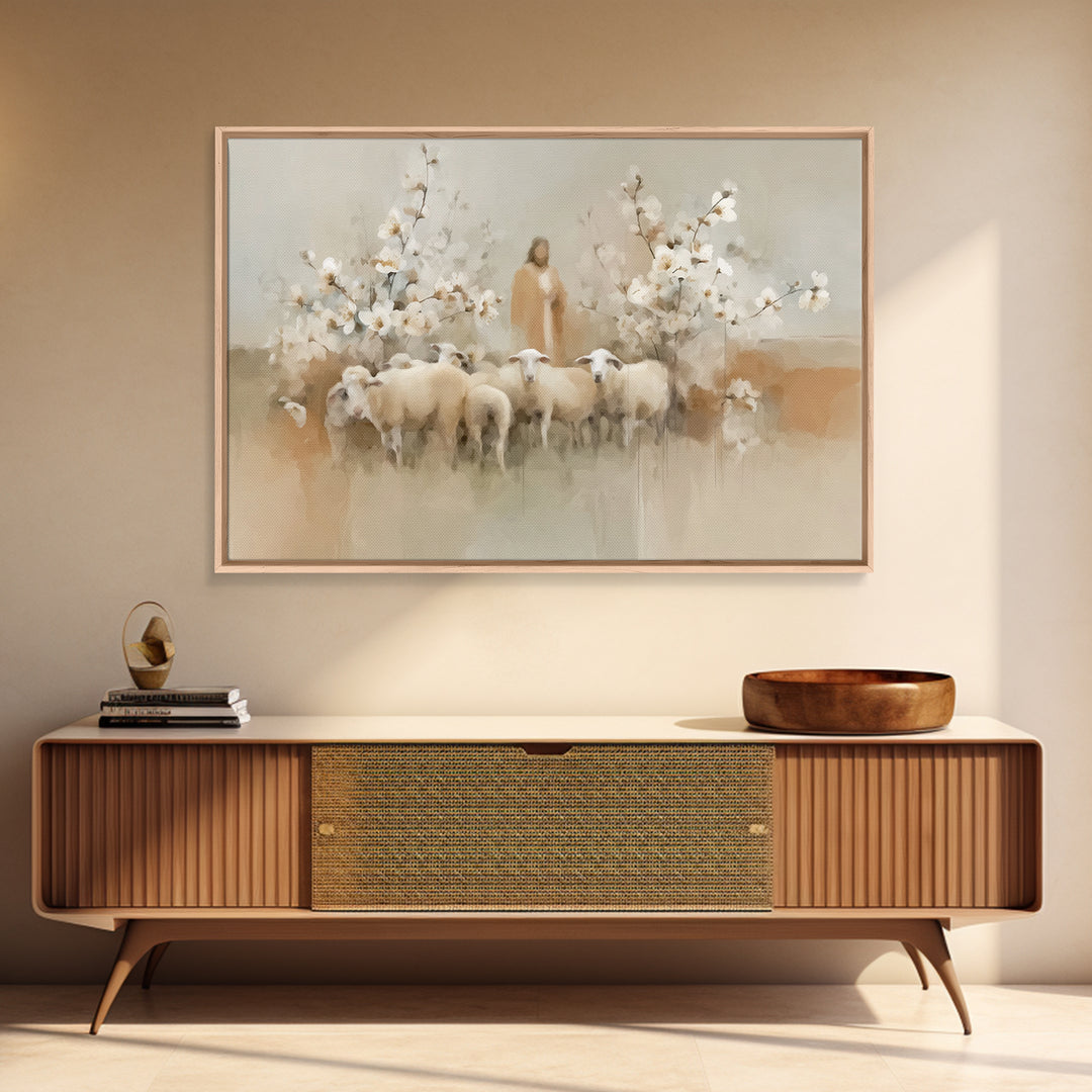 Flock Of Morning Grace, Framed Canvas Print, Christian Art Canvas, Christian Wall Art, Subtle Christian Art, Jesus Painting, Christian Gift