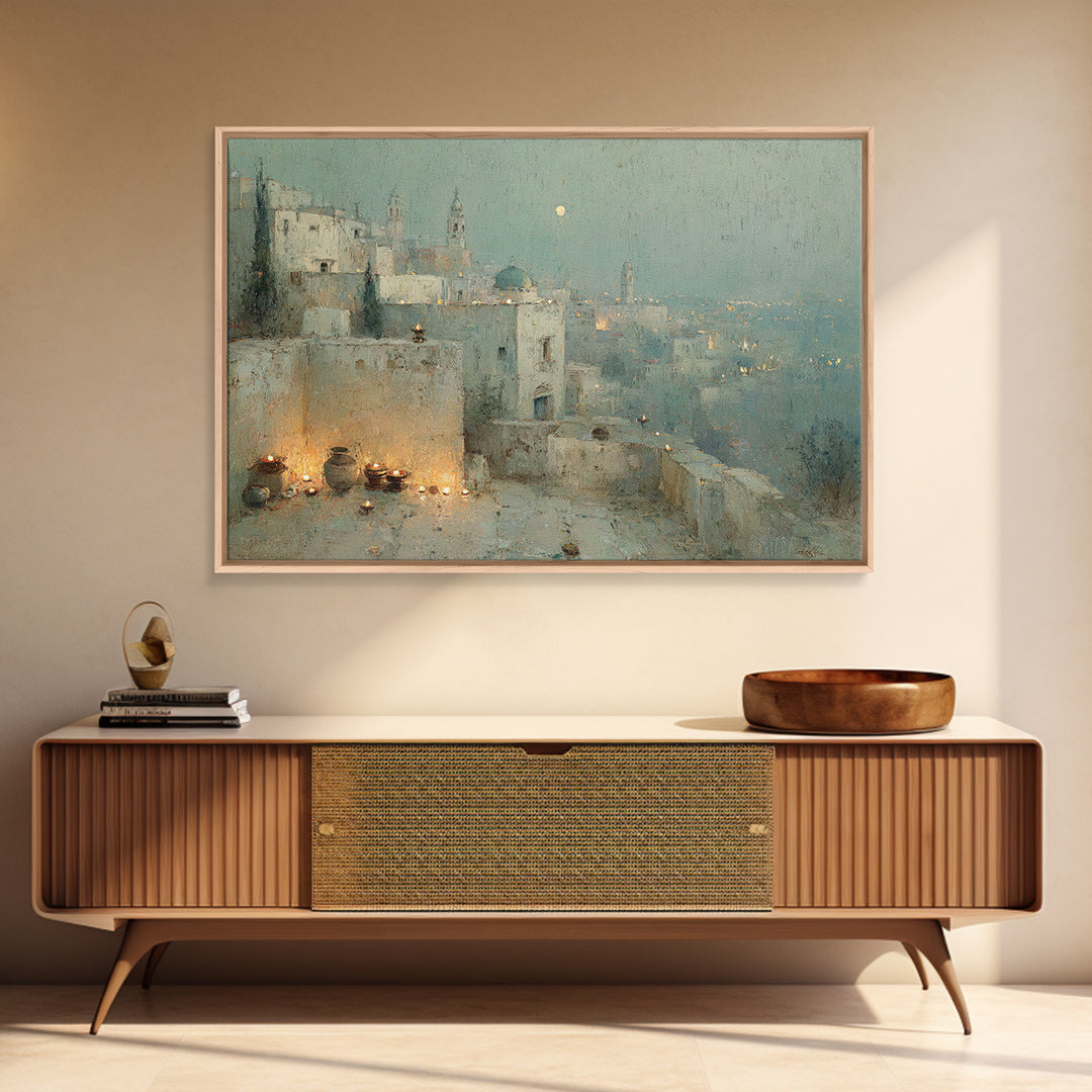 Moonlit Bethlehem, Framed Canvas Print, Christian Wall Art, Christian Art Painting, Christmas Art Work, Christian Christmas Decor, Christia