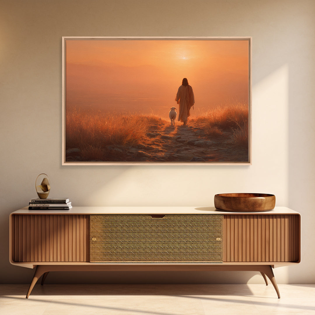Sunset Shepherd Peace – Framed Canvas Print – Christian Wall Art – Christian Art Canvas – Pastoral Scenery – Christian Painting – Christian