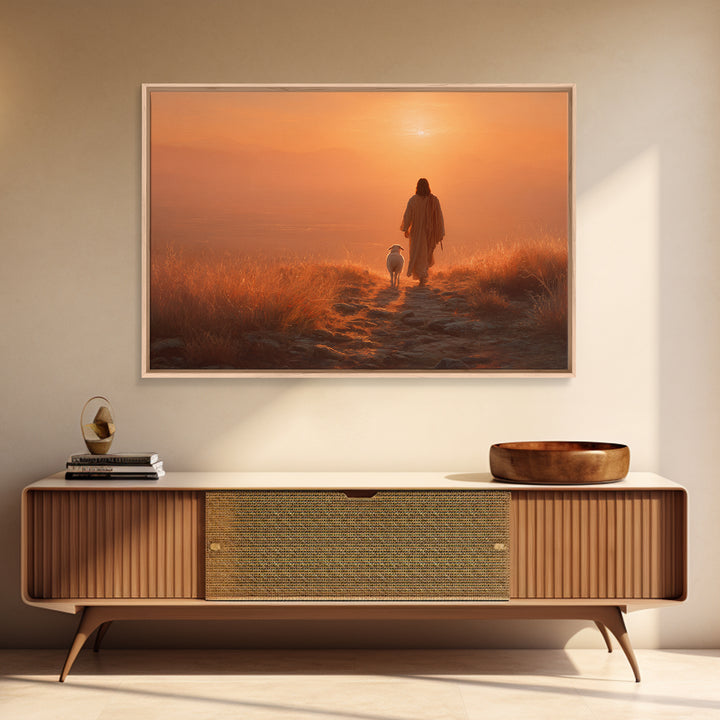 Sunset Shepherd Peace – Framed Canvas Print – Christian Wall Art – Christian Art Canvas – Pastoral Scenery – Christian Painting – Christian