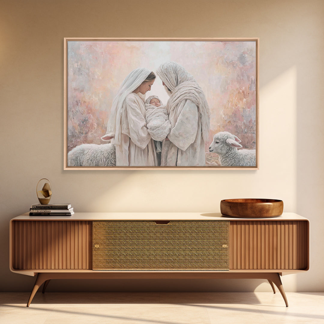 Wooden Nativity Glow, Framed Canvas Print, Christian Art Canvas, Christian Wall Art, Jesus Painting, Christian Christmas Art, Christmas Art