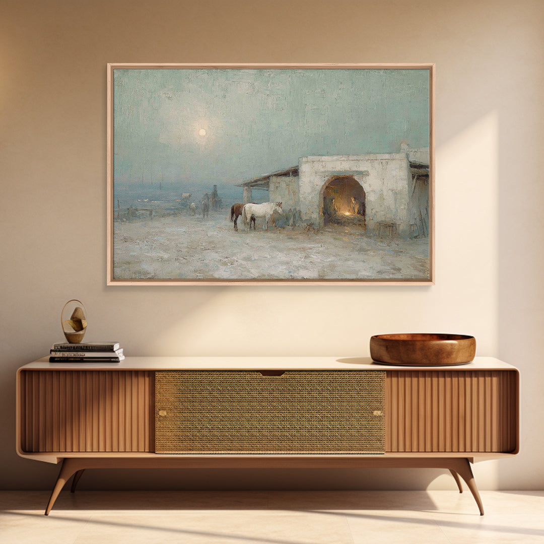 Pastoral Bethlehem Night – Framed Canvas Print – Christian Art Canvas – Christian Wall Art – Jesus Painting – Christmas Art Prints – Christ