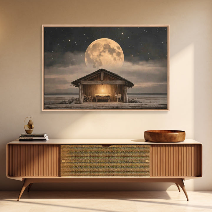 Starlit Holy Shelter, Framed Canvas Print, Christian Christmas Art, Jesus Painting, Christian Wall Art, Christmas Art Prints, Christian Art