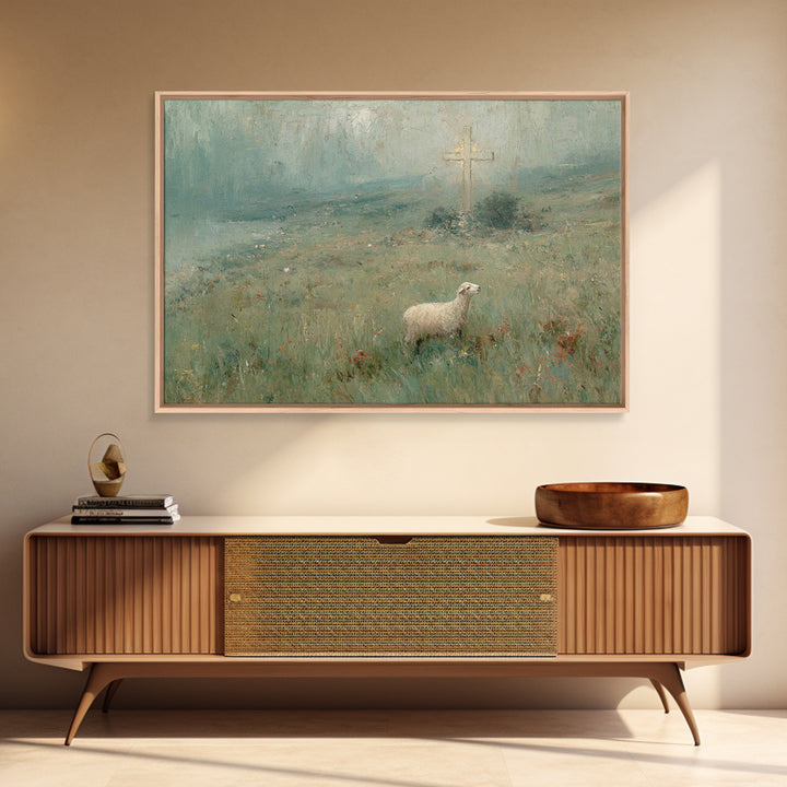 Hillside Lamb Hope – Framed Canvas Print – Christian Christmas Art – Christian Wall Art – Jesus Painting – Christian Art Canvas – Vintage C