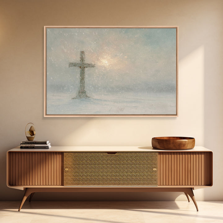 Silent Cross Snow – Framed Canvas Print – Christian Christmas Art – Christian Art Canvas – Christian Wall Art – Subtle Christian Art – Chri