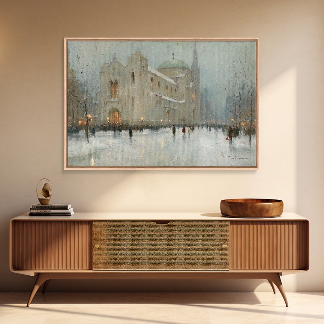City Church Glow | Framed Canvas Print | Christmas Art Prints | Christian Christmas Art | Christian Art Canvas | Christmas Wall Art | Frame