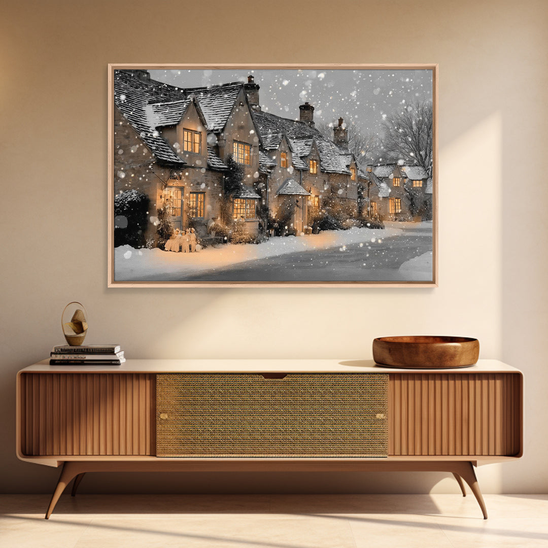 Christmas Cottage Glow | Framed Canvas Print | Framed Christmas Art | Christmas Wall Art | Christian Christmas Art | Christmas Art Prints |