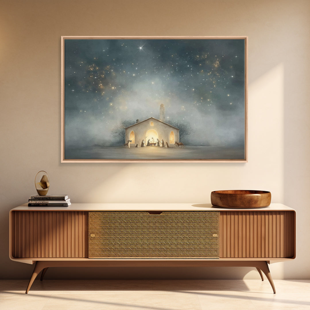 Nativity Under Heaven, Framed Canvas Print, Christian Wall Art, Christmas Art, Christian Art Canvas, Christian Christmas Art, Jesus Christm