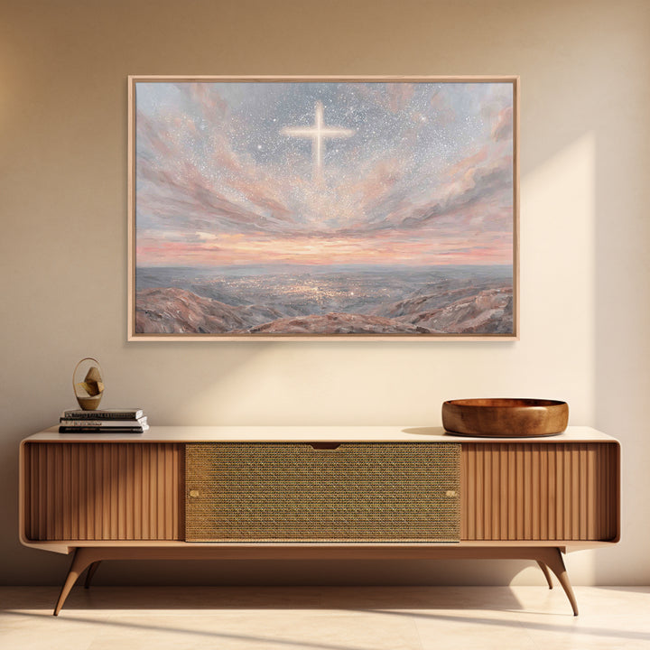 Heaven’s Cross Light – Framed Canvas Print – Christian Wall Art – Christian Art Canvas – Christmas Art – Christian Christmas Art – Subtle C