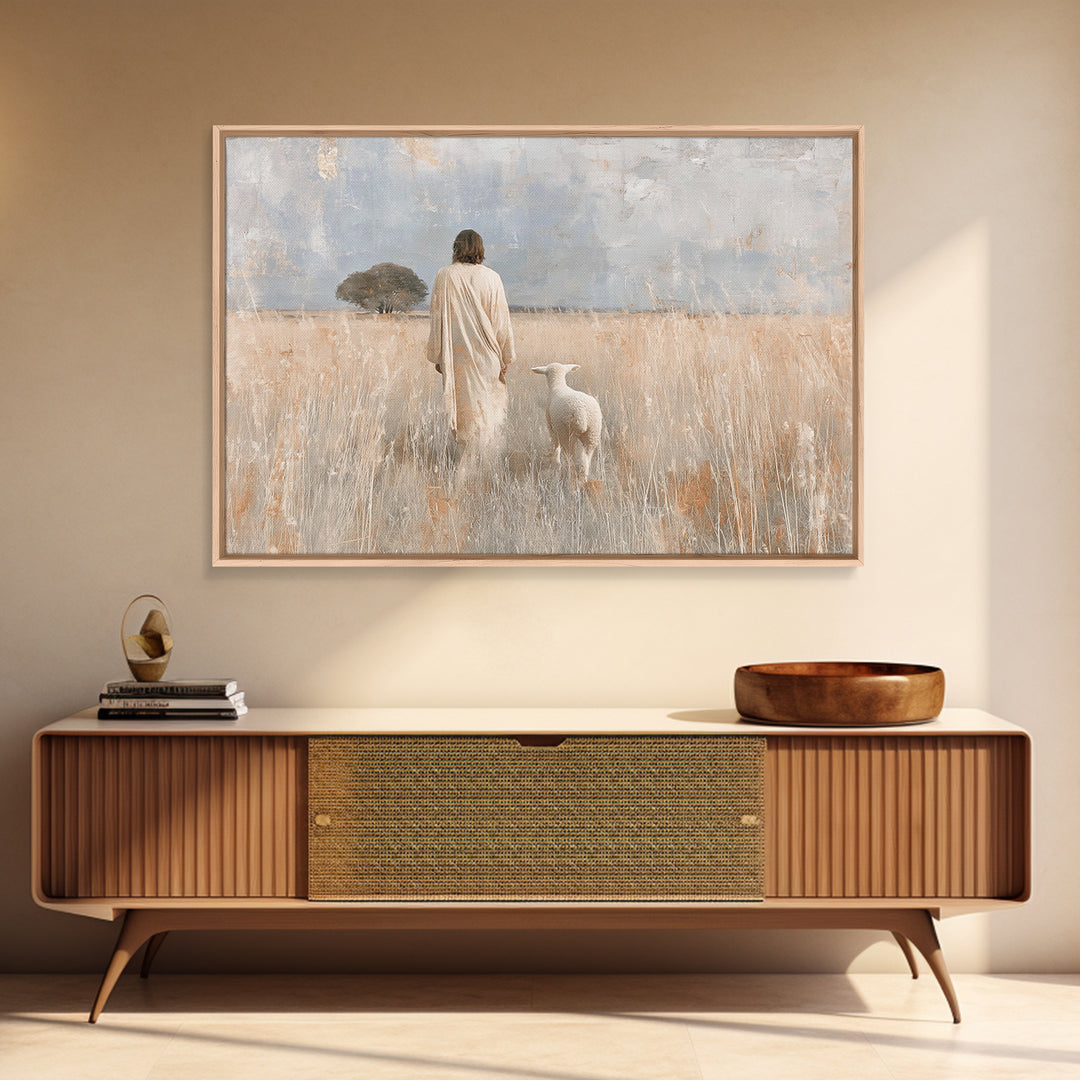Gentle Shepherd Dawn - Framed Canvas Print - Christian Wall Art - Jesus Painting - Christian Art Canvas - Christian Decor - Pastoral Scener