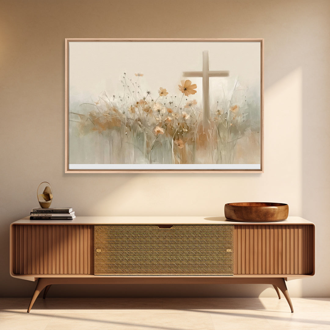 Meadow Cross Hope - Framed Canvas Print - Christian Painting - Christian Art Canvas - Minimalist Christian Art - Christian Wall Art