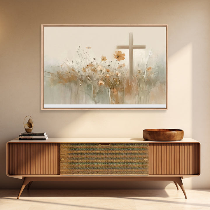 Meadow Cross Hope - Framed Canvas Print - Christian Painting - Christian Art Canvas - Minimalist Christian Art - Christian Wall Art