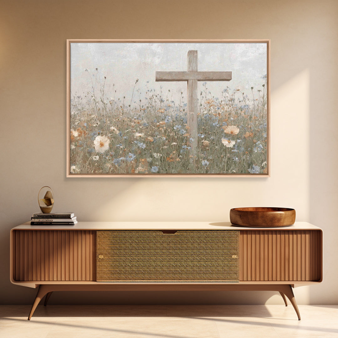 Spring Cross Mercy, Framed Canvas Print, Christian Art Canvas, Christian Painting, Subtle Christian Art, Christian Wall Art