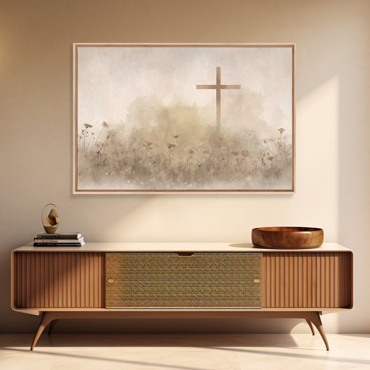 Desert Bloom Cross - Framed Canvas Print - Minimalist Christian Art - Christian Art Canvas - Christian Wall Art - Christian Painting